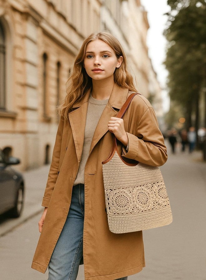 Eiyye Crochet Tote Bag for Women Handmade Flat Woven Shoulder Purse with Wide Leather Straps Lightweight Boho Bag for Shopping Travel Daily Use - Image 3